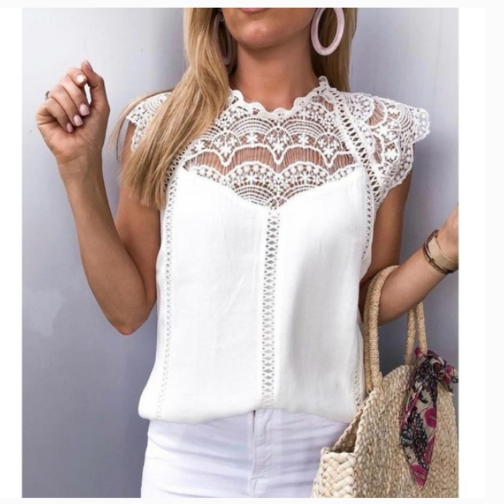 White Crochet Lace Trim Top - Picture 1 of 4